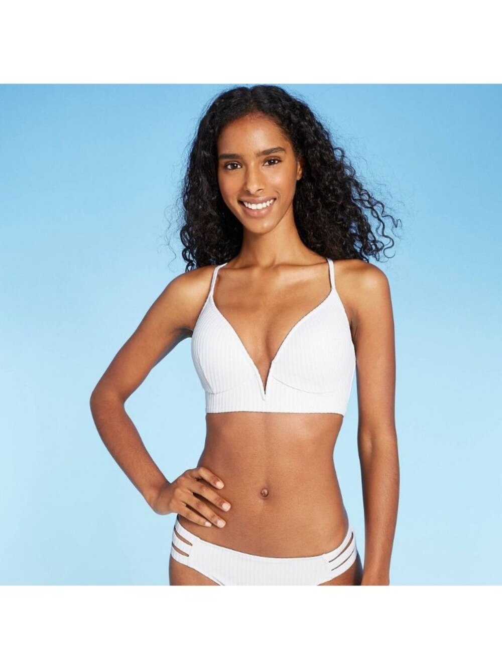 Shade & Shore Women's Lightly Lined V-Wire Ribbed Bikini Top White 32B